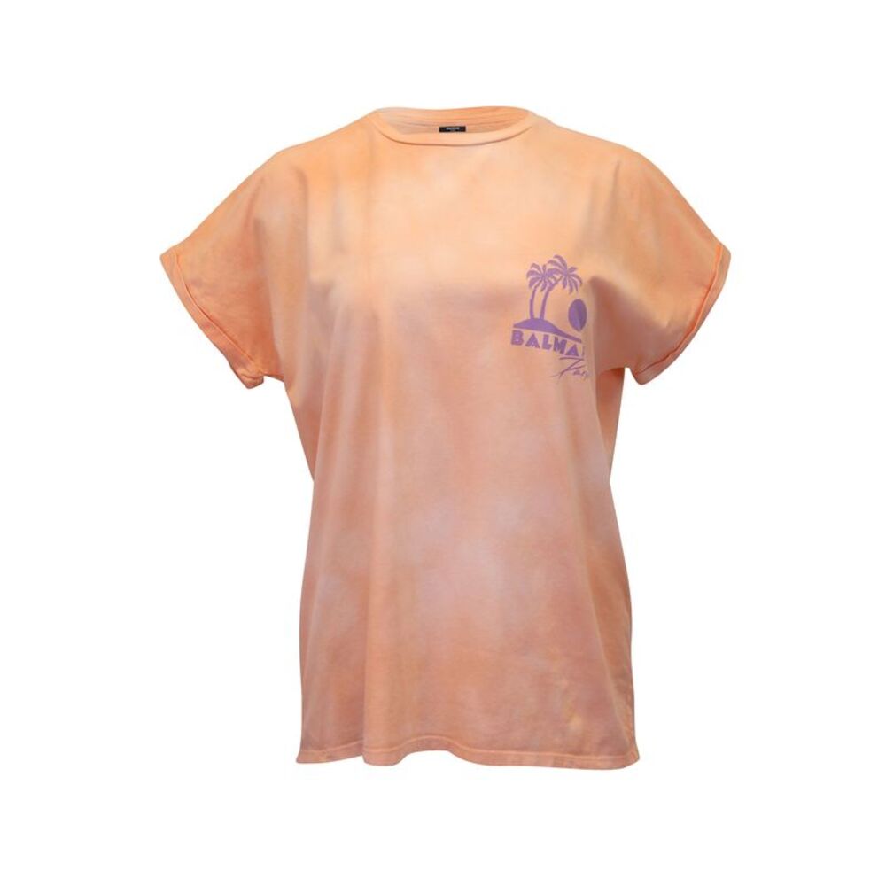Balmain Tie-dye Effect Logo Print Crewneck T-shirt in Coral Cotton